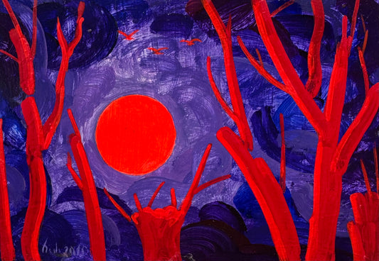 მზის ჩასვლა აწითლებულ ხეებთან